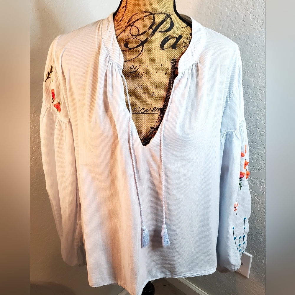 Floral Embroidered Pin Striped Blouse.
